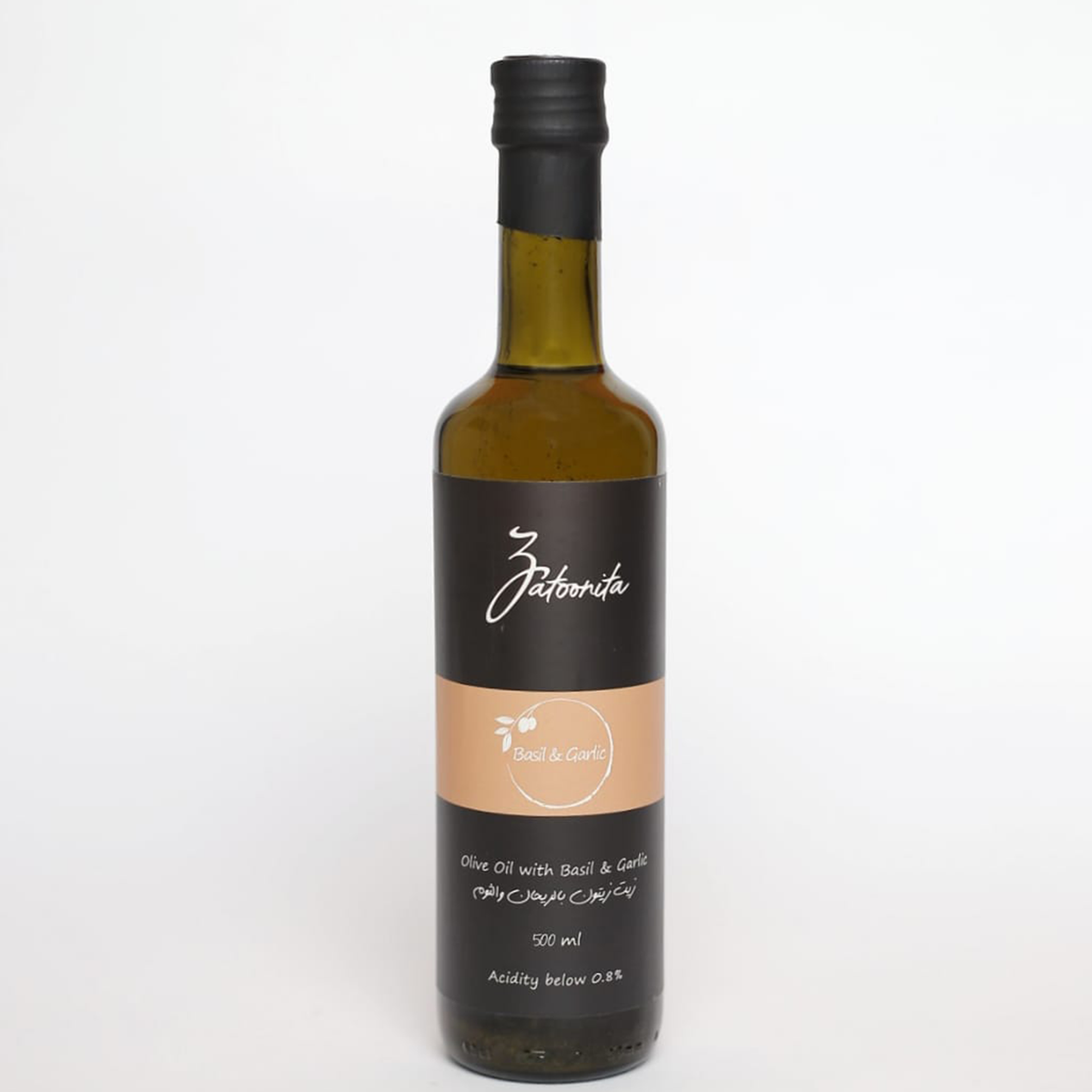 A 500 gm bottle of Bostan Setelhosn Olive Oil with Basil and Garlic, perfect for enhancing the flavor of your dishes with aromatic herbs and garlic