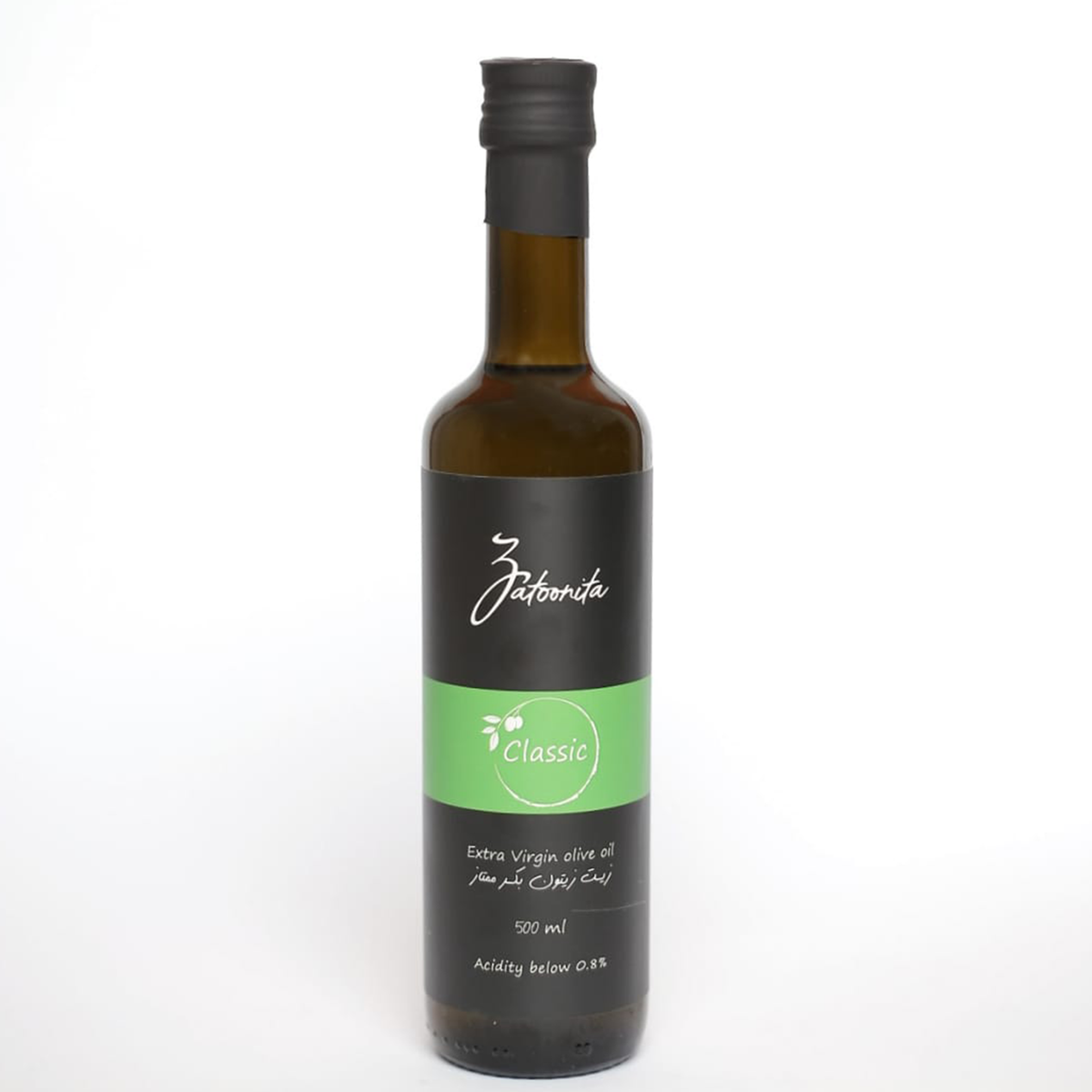 Bottle of Olive Oil from Bostan Set El Hosn, 500 gm, featuring a green and white checkered label with both Arabic and English text.