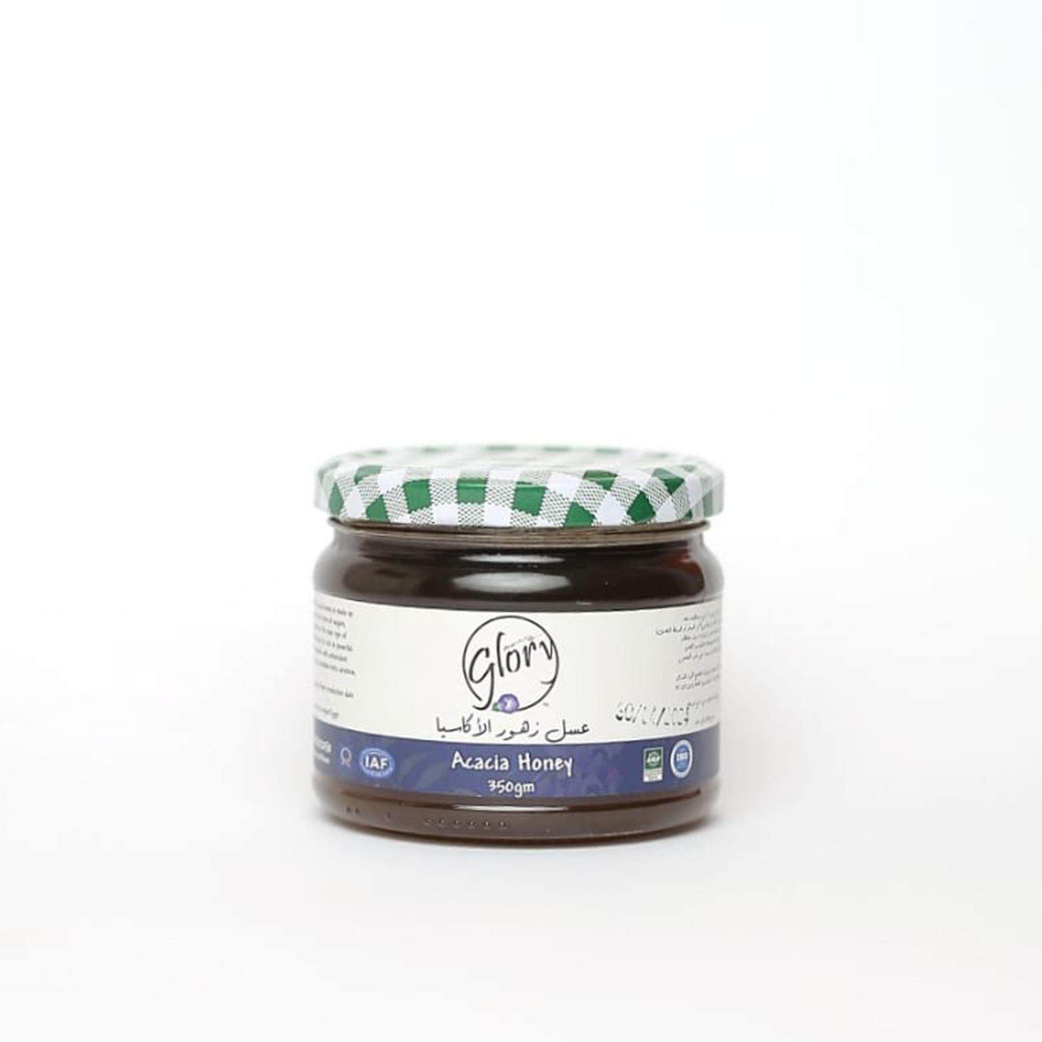 Jar of Glory Acacia Honey with green and white checkered lid, 350gm