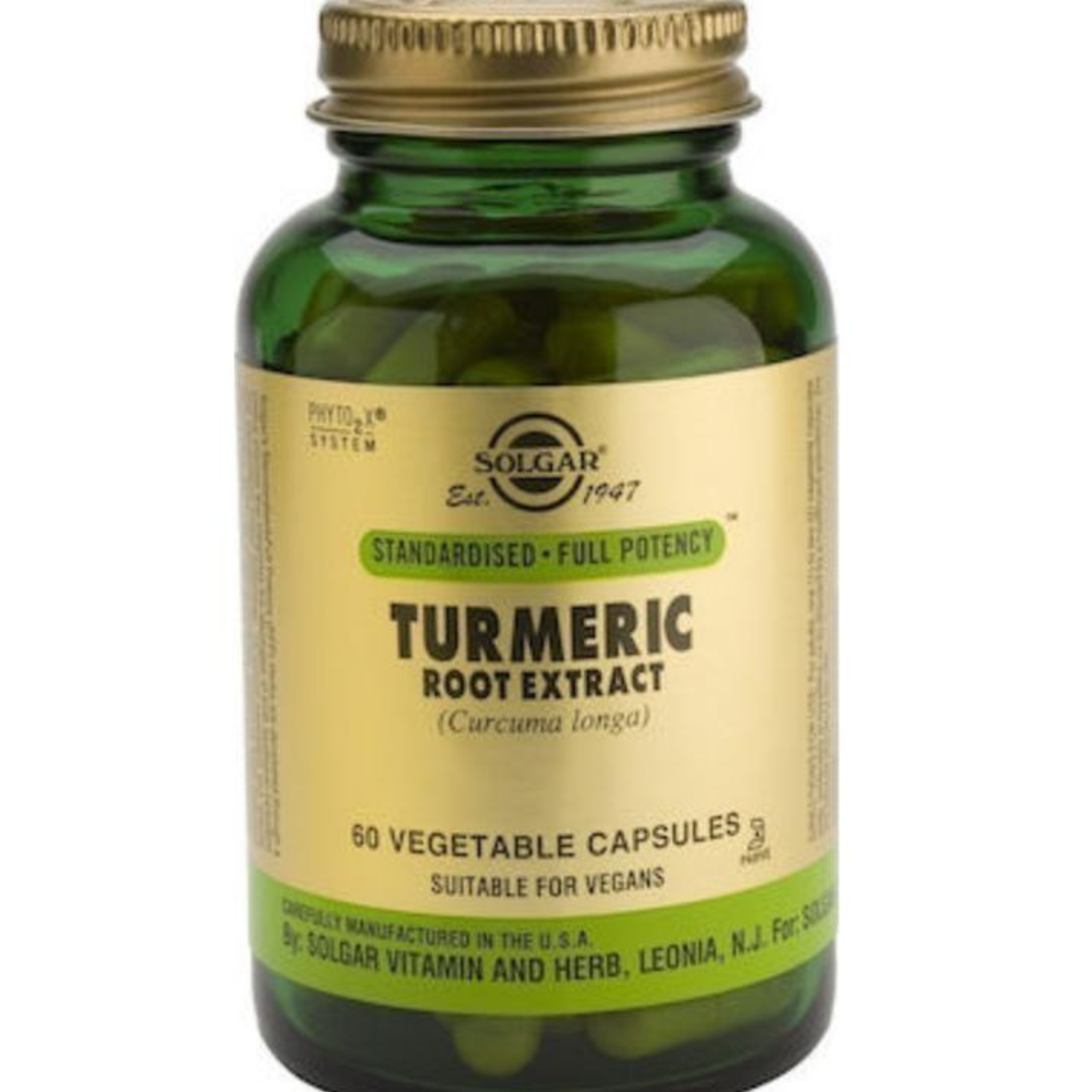 A bottle of Solgar Turmeric Root Extract containing 60 vegetable capsules, suitable for vegans. The label indicates it is standardized for full potency and manufactured in the USA by Solgar Vitamin and Herb, Leonia, NJ.